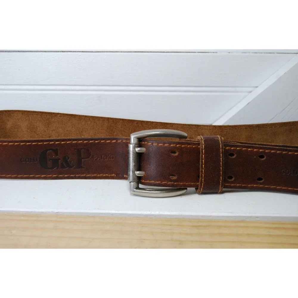 Brown leather‎ belt size 40 Gold & Parko logo embossed accessory double prong